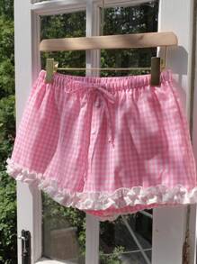 Comfortcana Damen Karoprint Volant Saum Farbblock Lässig Shorts