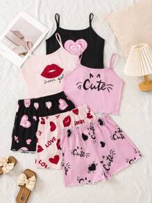 SHEIN 6 件套青少年女孩休闲唇印、心形印花、字母印花吊带短裤休闲套装，夏季 - 彩色 - 查看 1