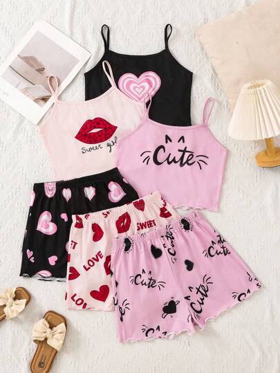 SHEIN 6 件套青少年女孩休闲唇印、心形印花、字母印花吊带短裤休闲套装，夏季