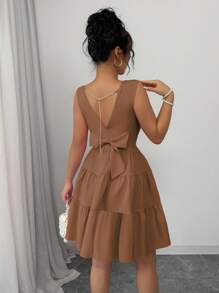 Elenzga Vestido Patinadora de Mulher Cintura Apertada com Laço Decorativo nas Costas, Gola Redonda, Sem Mangas, Cor Sólida