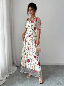 Elenzga Váy lưới thêu hoa hồng in họa tiết lá thanh lịch giản dị dành cho nữ - Nhiều màu - Xem 7