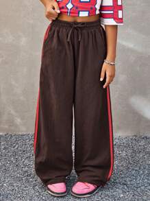Coolane Kids 青少年女孩松紧腰拼接织带宽松街头风裤子，适合所有季节 - 咖啡棕 - 查看 3
