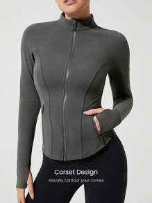 GLOWMODE FeatherFit™ Sculpt It Áo corset co giãn thấm mồ hôi Đường may ôm vừa vặn có lỗ xỏ ngón tay cái Khóa kéo bảo vệ Yoga Pilates tác động thấp Barre Studio Trang phục thường ngày - Xám - Xem 3