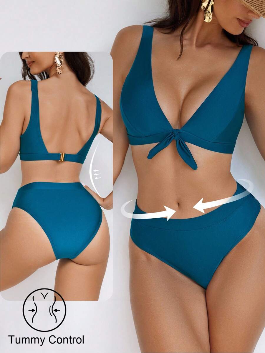 Shapewave Women's Elegant High Waist Bikini Set, Shaping, Suitable For Summer Vacation, Turquoise - Green - View 1