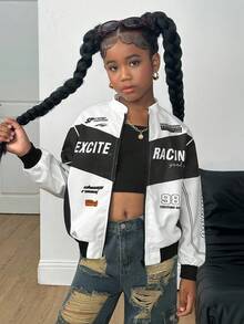SHEIN Tween Girl Casual Everyday Letter & Graphic Print Loose Fit Zip-Up Jacket Girls Racing Jacket Girls Graphic Jacket Kids Racing Jacket,In Fall/Winter