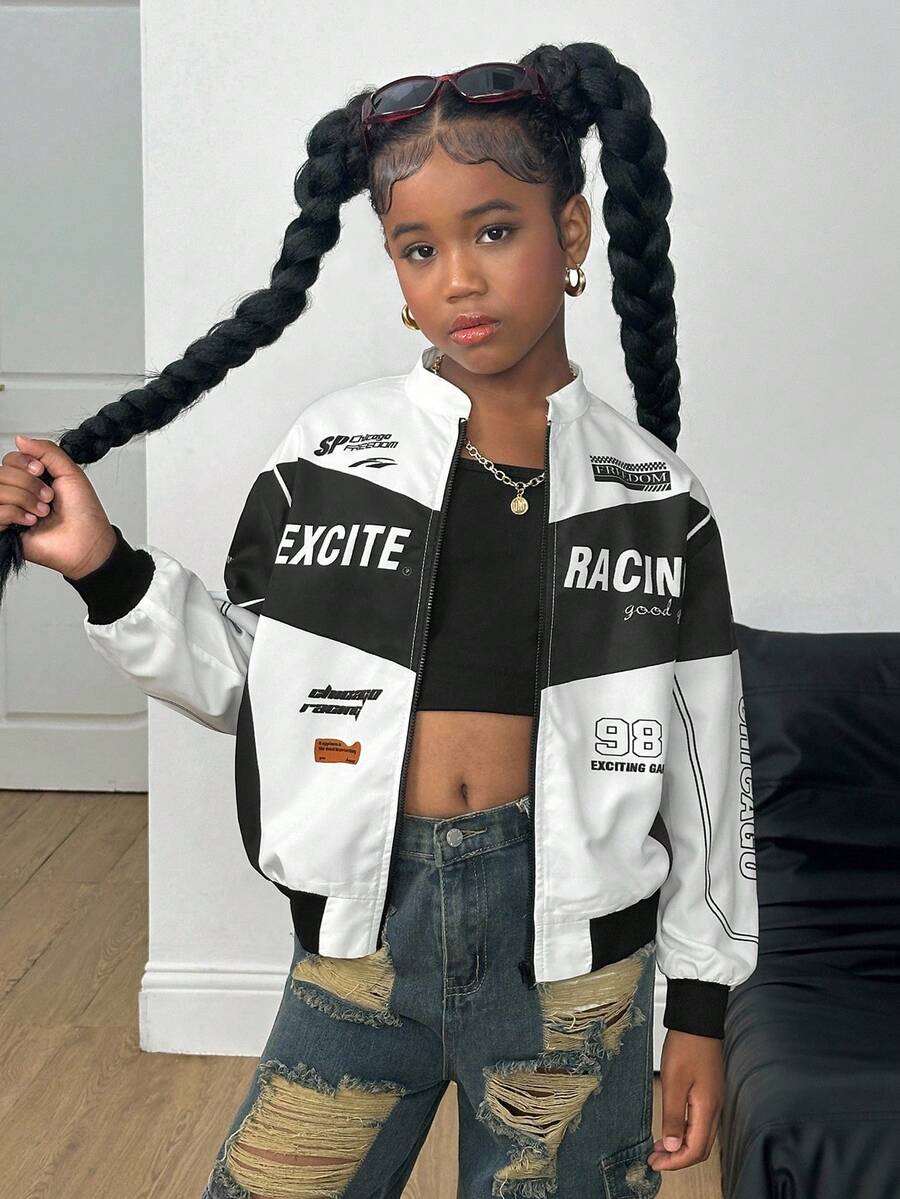SHEIN Tween Girl Casual Everyday Letter & Graphic Print Loose Fit Zip-Up Jacket Girls Racing Jacket Girls Graphic Jacket Kids Racing Jacket,In Fall/Winter