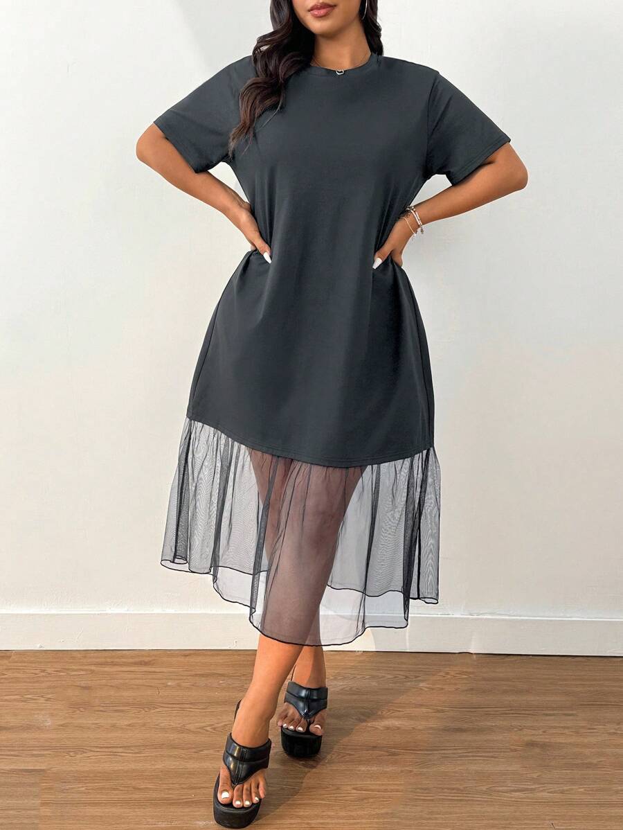 SHEIN EZwear 大码女式休闲网眼拼接春夏连衣裙 - 灰色 - 查看 1