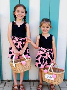 SHEIN 青少年女孩休闲针织背心和花卉印花短裤 2 件套