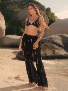 Elaire Women's Summer Vacation Beach Fringe Detail Bikini Set - Black - View 3