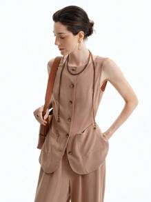 Aalyst Women's Summer Fashion Casual Minimalist Solid Color Patchwork Pocket Single-Breasted Vest And Loose Straight Leg Pants 2 Pieces Set - Brown - View 5