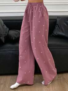 DAZY Cute Bow Print Loose Pajama Bottom, Winter - Purple - View 5