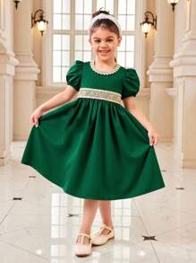 Young Girl's Green Puff Short Sleeve Dress With Gold Lace Trim - Green - View 1