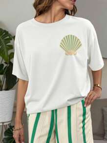 SHEIN EZwear Plus Size Women Summer Letter & Shell Print Short Sleeve Casual T-Shirt - White - View 2