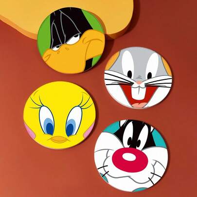 LOONEY TUNES X SHEIN Cup Mat 4-Piece Set, Water-Absorbing Drink Cup Mat With Stand, Tropical Vacation Style Ceramic Drink Cup Mat, Used To Protect The Desktop, Coffee Table Decoration, Very Suitable For Home Decoration, Moving Gift