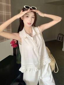 DAZY 女式彼得潘领无袖荷叶边下摆宽松纯色衬衫和阔腿休闲裤两件套 - 白色 - 查看 7