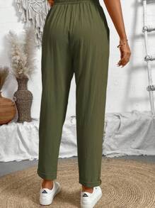 SHEIN PETITE Women Solid Color Waist Tie Pocket Linen Blend Casual Pants, Spring/Summer Fall Cloth For Women - Army Green - View 2