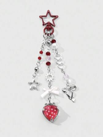 Kawaii 1 pièce Mode, Polyvalent, Sensation de haute qualité Chaîne en argent faux perle, cristal, étoile creuse, cœur, papillon, pendentif fraise DIY Porte-clés, Charm de sac, Convient aux femmes, Port quotidien, Cadeau de vacances