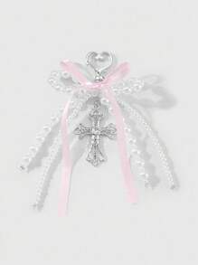 ROMWE Kawaii 1 pezzo Ciondolo versatile, delicato e dolce in stile Y2K, di alta qualità, realizzato a mano con perle, fiocco di nastro e croce di cristallo cava, adatto come portachiavi o decorazione per borse, adatto per donne/ragazze, per uso quotidiano o come regalo