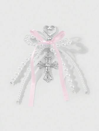 Kawaii 1pc Y2K Style Delicate & Sweet Versatile Luxurious High-Quality Handmade Pearl, Ribbon Bow, Crystal Cross Hollow Pendant Charm, Keychain Or Bag Decoration, Suitable For Women/Girls, Daily Wear Or Gift