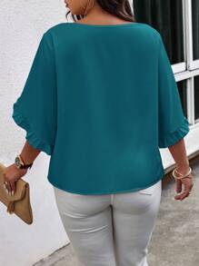 Calvaya Plus Size Summer Casual Solid Color Ruffle Trim Blouse,Valentine - Teal Blue - View 2
