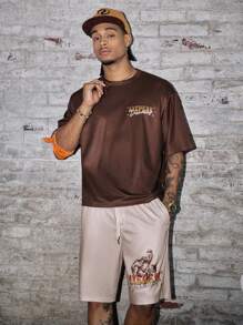 AXEPEAK 休闲圆领短袖短款T恤和抽绳斜口袋短裤套装，男士T恤套装 - 棕色 - 查看 5