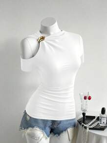 Elenzga Women's Fashion Solid Cold Shoulder T-Shirt