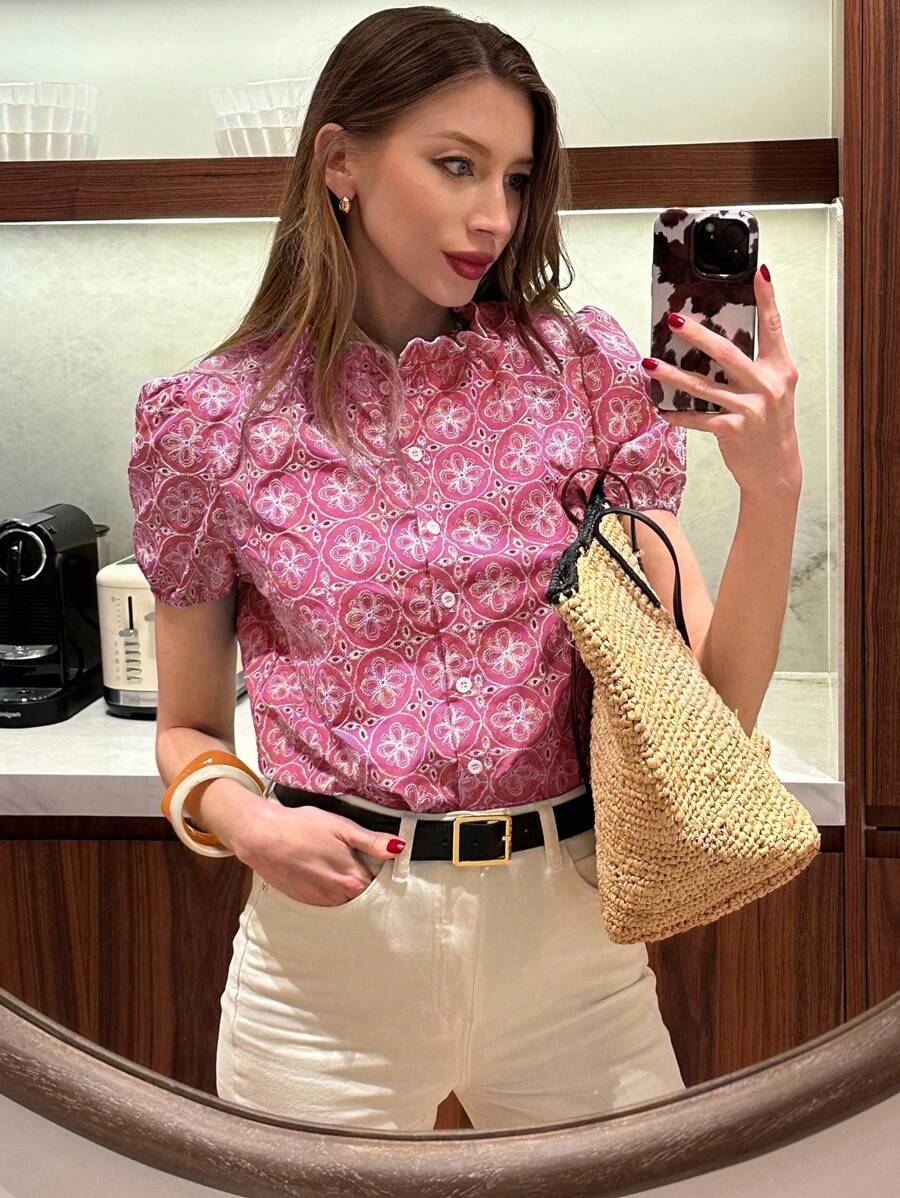 Pariaura Blusa de mujer con volantes bordados florales huecos y mangas cortas, ropa universitaria - Rosa - Ver 1