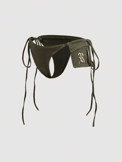 SHEIN ICON 女式豹纹刺绣抽绳腰紧身牛仔短裤