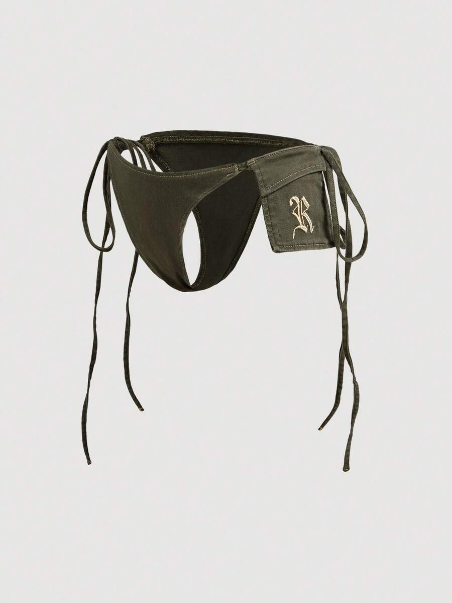 SHEIN ICON 女式豹纹刺绣抽绳腰紧身牛仔短裤