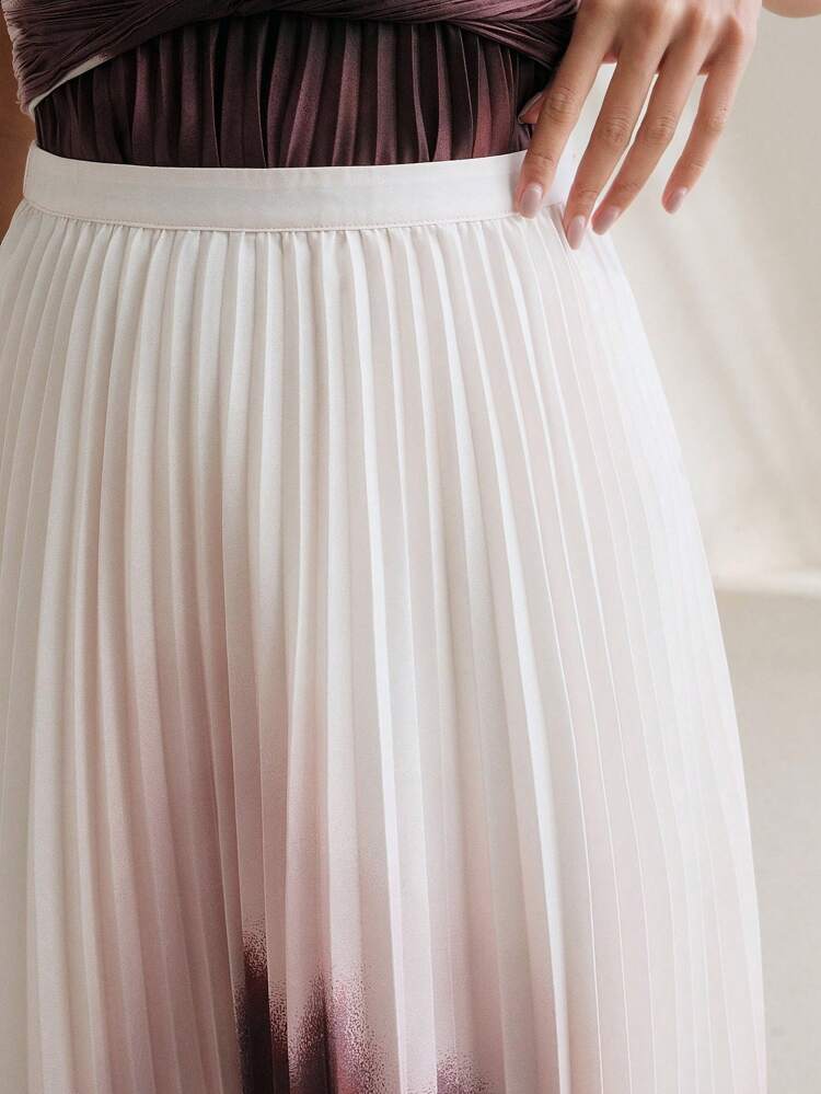 Women's Ombre Print Pleated Flared Skirt, Suitable For Spring/Summer, Holiday