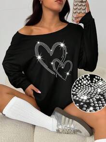 INAWLY Hjärtmönster med diamantmönster och långärmad axelbandslös grafik för kvinnor - Svart - Visa 1