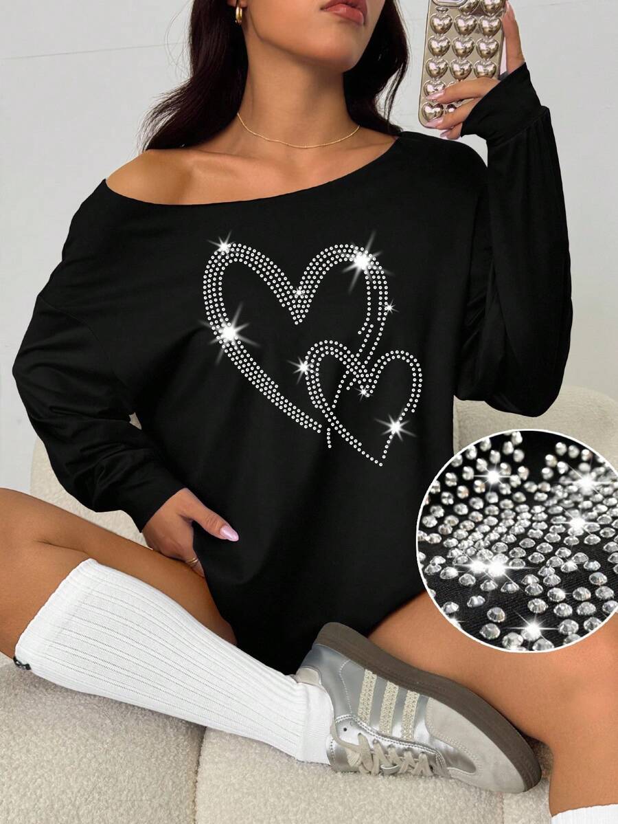 INAWLY Hjärtmönster med diamantmönster och långärmad axelbandslös grafik för kvinnor - Svart - Visa 1