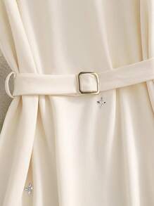 SHEIN Clasi Plus Size Women Knitted Solid Color Round Neck Sleeveless Tie Waist High Low Rhinestone Embellished Elegant Romantic Long Dress - Apricot - View 3