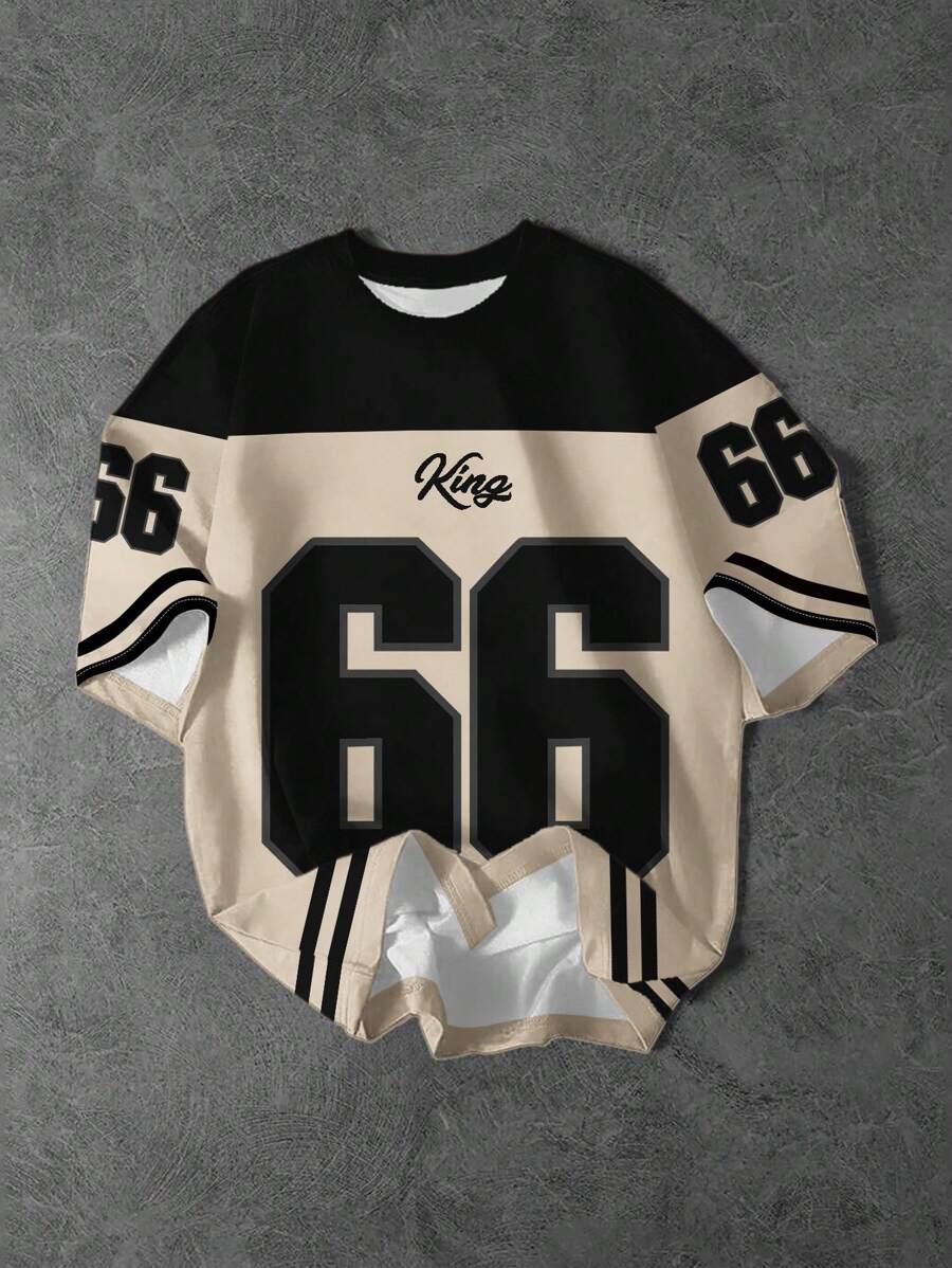 SHEIN Bolty Tween Boys' Casual Minimalist Baseball Culture Patchwork, Numeric 66 Graphic Print Short Sleeve Round Neck T-Shirt, Suitable For Summer - Multicolor - View 1