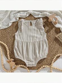 Loomiva Baby Girl Solid Color Round Neck Sleeveless Bodysuit With Bow Decor Baby Bodysuit Baby Summer Bodysuit Striped Baby Bodysuit Linen Baby Bodysuit - Apricot - View 3