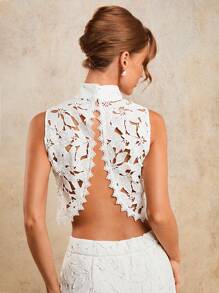 COSMINA 女士花卉蕾丝镂空立领简约无袖时尚衬衫，返校节，秋季服装