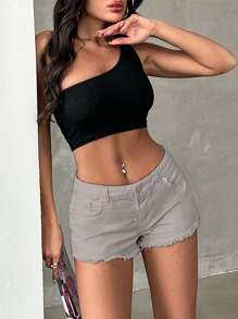 CasuGlow 100%Cotton Solid Color Frayed Hem Denim Shorts - Grey - View 6