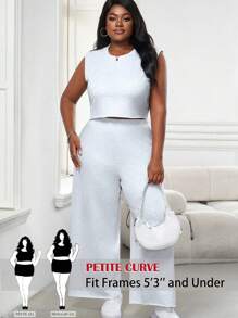 SHEIN PETITE CURVE 大码女式夏季纯色圆领背心和裤子休闲两件套 - 淺灰色 - 查看 1