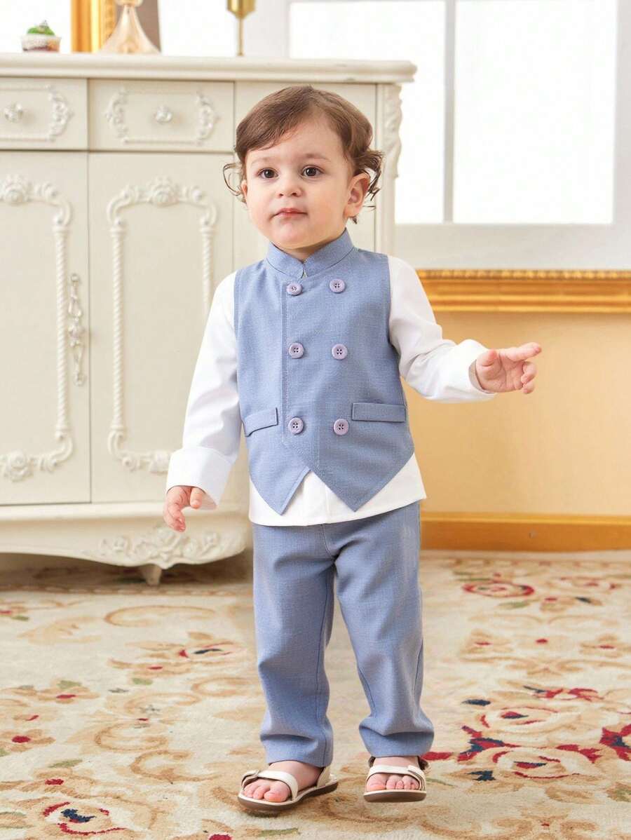 SHEIN 2 件套男婴绅士装 - 背心和裤子，时尚优雅，适合生日派对、婚礼、周年纪念和节日场合 - 灰色 - 查看 1