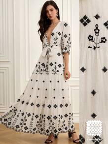 GENKIRA Elegant Double-Sided Tencel Linen Embroidered Sexy Deep V-Neck Belted Mid-Sleeve Dress - Multicolor - View 6