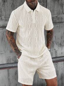 Manfinity CasualCool Men Solid Color Short Sleeve Polo Shirt And Shorts 2-Piece Set Cream Outfit Men Men Two Piece Set Summer Knit Two Piece Set Men,Men 2 Piece Set,Men Summer Outfits