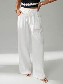 SHEIN Tall 女装夏季简约波西米亚度假装休闲基础日常装亚麻舒适低腰宽松裤秋冬家居舒适 - 白色 - 查看 5
