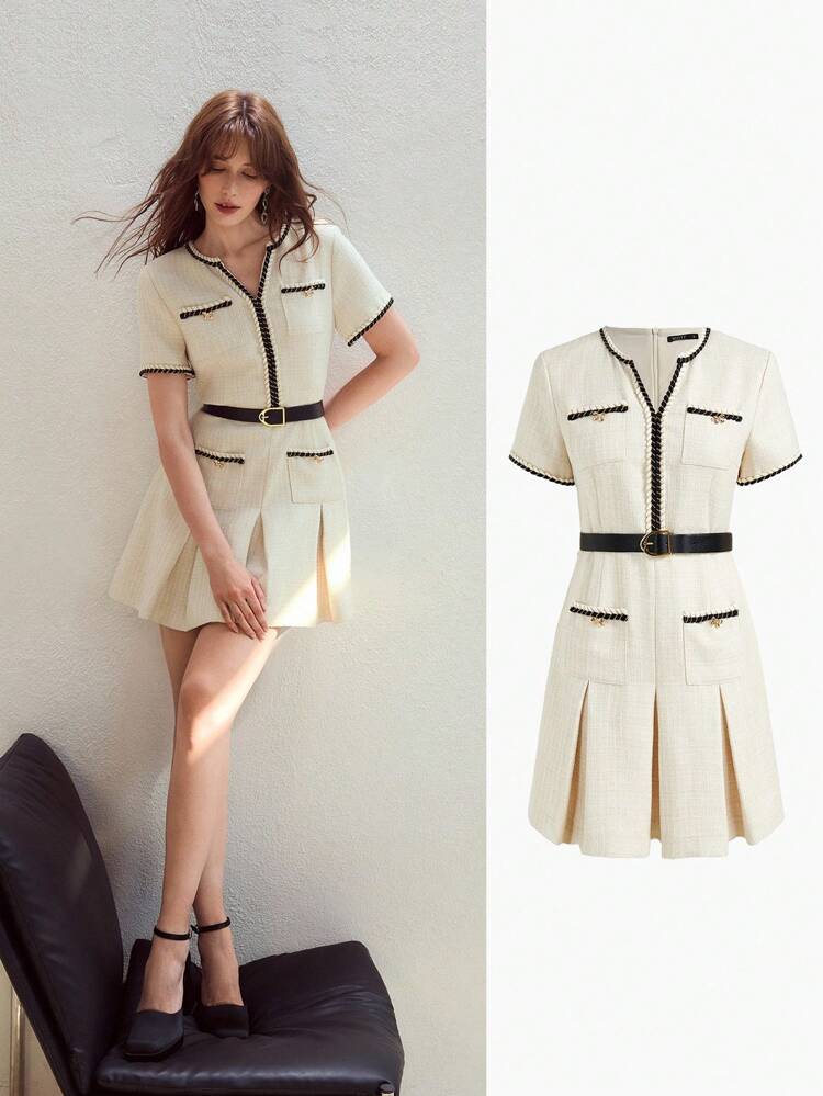 MOTF STUDIO CONTRAST TRIM BELTED DRESS