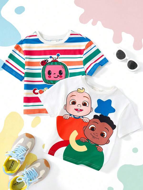 CoComelon X SHEIN Camiseta de Manga Curta Casual para Verão com Estampa Listrada Colorida e Desenho de Bebê Menino, Camiseta Fofa e Versátil