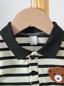 SHEIN Vintaside Kids 2 件套男婴休闲经典 Polo 条纹套装，小熊刺绣图案，简约优雅，面料柔软，适合日常穿着、度假、上学、聚会、春夏季 - 彩色 - 查看 7