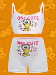 GARFIELD | SHEIN 4件套少女卡通图案吊带背心和短裤内衣套装 - 淺粉色 - 查看 5