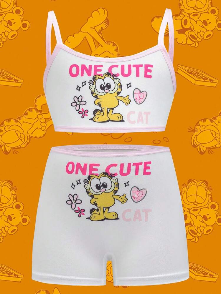 GARFIELD | SHEIN 4件套少女卡通图案吊带背心和短裤内衣套装 - 淺粉色 - 查看 5