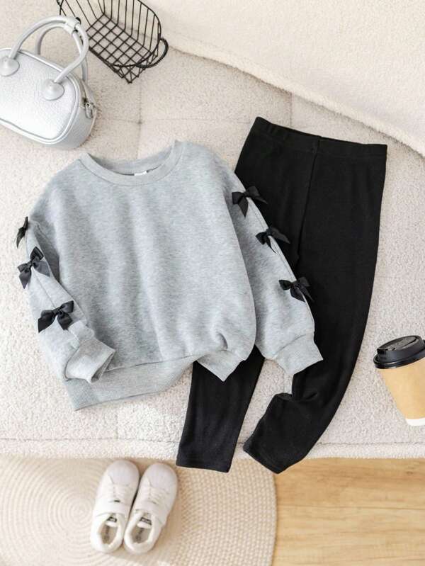Ensemble sweat à col rond et pantalon décontracté avec décor papillon pour jeune fille, tenue de tous les jours