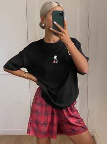DAZY Cartoon Print Loose Fit T-Shirt Top And Plaid Shorts Women Pajama Set - Black - View 1