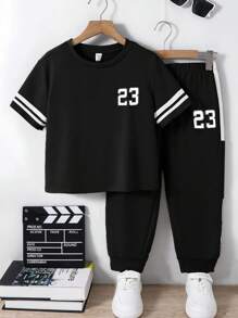 SHEIN 2pcs/Set Baby Boys Black Summer Casual Vacation Sports Style Short Sleeve T-Shirt And Drawstring Long Pants Set,Comfortable Spring & Summer Outfits - Black - View 1